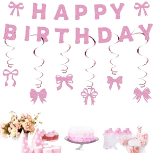 Pink glitter Happy Birthday banner with matching bow spiral swirl party decorations