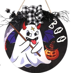 Halloween wood door sign with ghost, pumpkin, boo text and plaid bow decoration