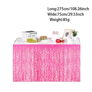 Pink foil fringe table skirt for Halloween parties measuring 275cm by 75cm in length