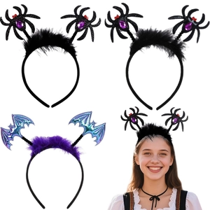 Halloween headband set featuring sequined bats, spiders, and feathers for party costume