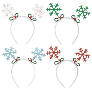 Glittery snowflake headbands for kids in white, green, blue, and red for Christmas parties