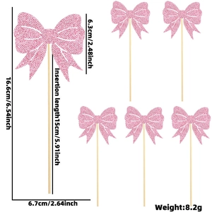 Pink glitter butterfly cupcake toppers 6-piece set with detailed size measurements