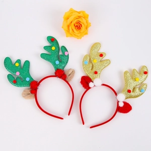 Christmas reindeer antler headbands with green and gold sequins and plush pom poms