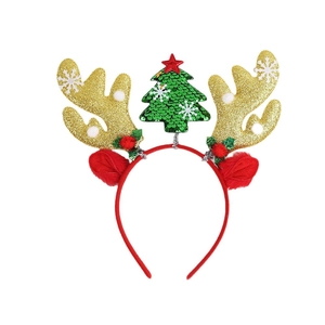Christmas reindeer antler headband with green sequin tree and red pompom ears for parties