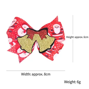 Christmas bow hair clip for pets featuring Santa patterns and festive gold bells on red ribbon