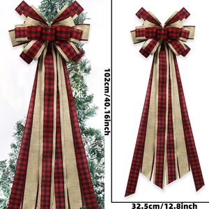 Large red and black buffalo plaid Christmas tree topper bow with rustic burlap ribbons