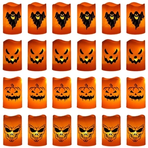 24er-Set Halloween LED Kerzen in Orange mit Geist Kürbis Totenkopf und Monster Gesicht Motiv