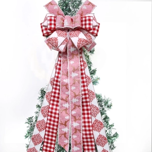 Multi-layer Christmas tree topper bow with reindeer pattern and long ribbons
