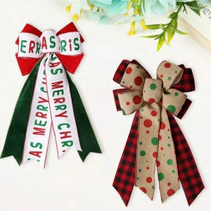 Christmas ribbon bows set featuring Merry Christmas print and red green polka dot designs