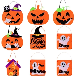 Nine Halloween felt party bags with pumpkin, ghost, and witch hat designs in 3x3 grid layout