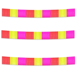 Close-up of three-color fringe garland in red, yellow, and magenta for party decor