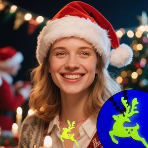 Luminous Christmas reindeer necklace with red beads and green glow in the dark pendant