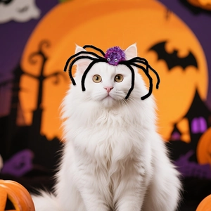 Purple plush spider headband for cats and small dogs featuring a spooky Halloween background