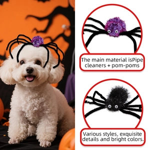 Halloween purple spider headband for pets with plush legs and festive party elements