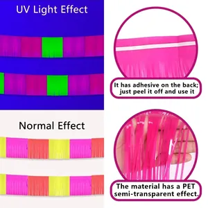 Fluorescent 3-color fringe curtain backdrop for birthday party decorations with adhesive back