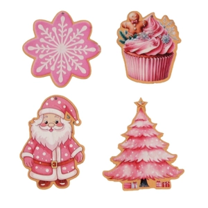 Pink Christmas wooden ornaments set featuring snowflake, cupcake, Santa Claus, and tree