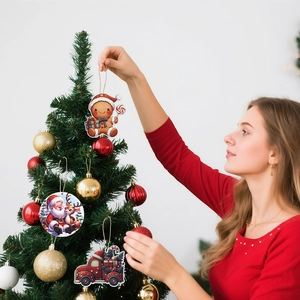 Christmas tree hanging ornaments set featuring Santa and reindeer with rustic twine cords