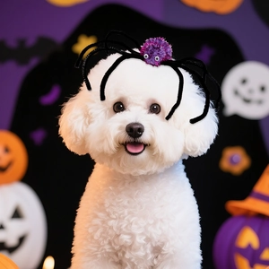 Cute purple spider headband on a white curly dog for Halloween party costume decor