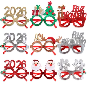 Detail of 9-pack festive Christmas glasses with 2026 and Feliz Año Nuevo glitter frames