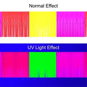Neon fringe curtains for parties showing normal effect versus glowing UV light reaction