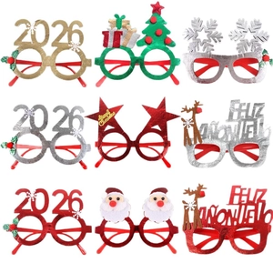 Set of 9 glitter Christmas glasses featuring 2026, Santa, snowflakes and party designs