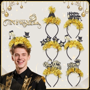2026 Happy New Year Headband Black Gold Party Headwear With Tinsel Glitter Stars Top Hat Champagne For New Year Eve Celebration