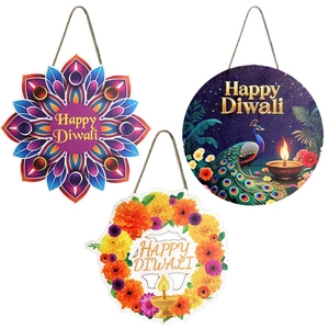 Set di 3 targhe in legno per Diwali con scritte Happy Diwali e motivi mandala etnici