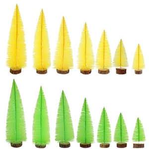 Miniature fluorescent Christmas trees set in gold and green with natural wood bases