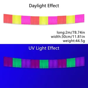 2m Pink, Yellow, Orange Fluorescent Tinsel Fringe Curtain with UV Reactive Glow Effect