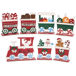 7-piece wooden Christmas train set with Santa, snowman, and gingerbread figurines