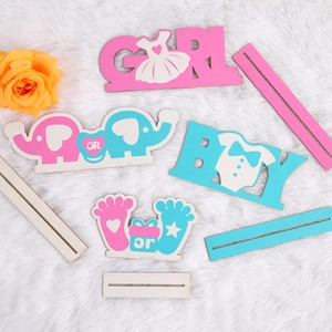 Gender reveal wooden elephant desk decor kit in pink and blue for baby shower party