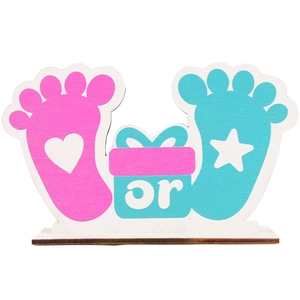 Gender reveal wooden table decor featuring pink heart and blue star elephant footprint designs