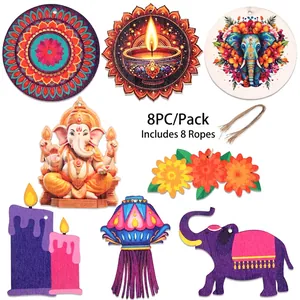 Set of 8 wooden Diwali hanging ornaments with Ganesha and Mandala designs on white background