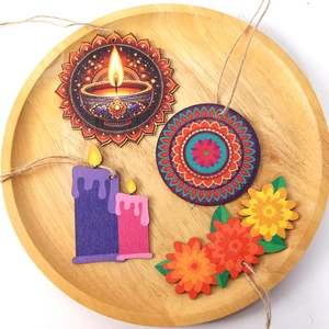 Diwali wooden hanging ornaments featuring Diya and mandala patterns for festive DIY decor