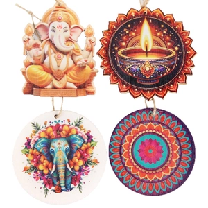 Traditional Indian Diwali wooden hanging ornaments featuring Ganesha and colorful mandala designs