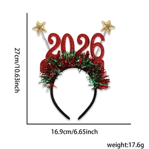 Dimensions d'un serre-tête Nouvel An 2026 avec chiffres pailletés rouges et étoiles