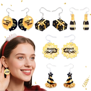New Year Acrylic Earrings Balloon Gift Box Champagne Bottle Hat Shapes Black Gold Party Wear Festive Jewelry For Women