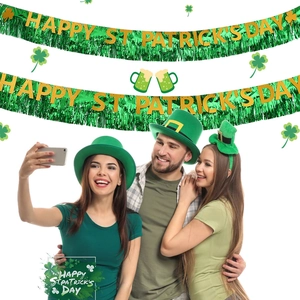St. Patrick's Day banner featuring shiny green fringe and gold metallic lettering