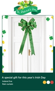 Sparkling green glitter St. Patrick's Day bow with gold edges on white wooden door