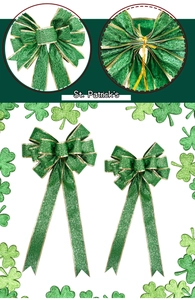 Detail view of St. Patrick's Day green ribbon bows with gold edges and twist ties
