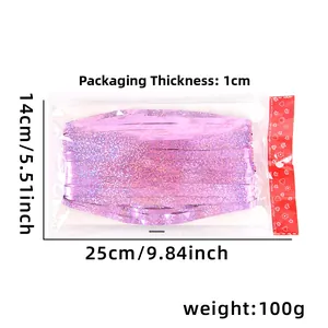Pink laser fringe curtain packaging details with dimensions 25x14cm and 100g weight info