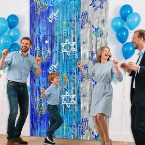 Chanukka Lametta Vorhang Blau Silber Metallic Folie Hintergrund Davidstern Menora Dreidel Bedruckt Jüdische Feiertag Party Deko