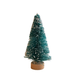 Mini cedar Christmas tree desktop ornament with white snow flocking and wooden base