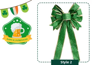 Macro detail of St. Patrick's Day Style 2 green glitter bow with golden edges