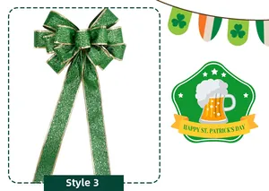 Detail of green glitter St. Patrick's Day bow with gold trim and holiday illustrations