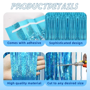 Laser blue fringe curtain for party background with self-adhesive design and shiny foil finish