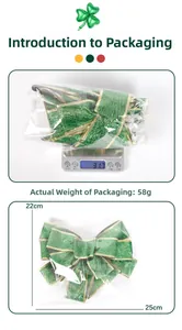Detail view showing green glitter St. Patrick's Day bow dimensions 22cm x 25cm and weight