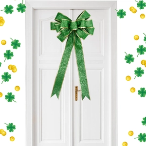Large St. Patrick's Day green and gold glitter bow hanging decoration for doors