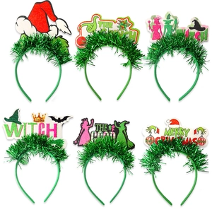 Set of 6 festive headbands featuring Grinch and Witch themed holiday party accessories