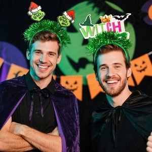Detail of Witch and Grinch themed party headbands with glittery festive decorations